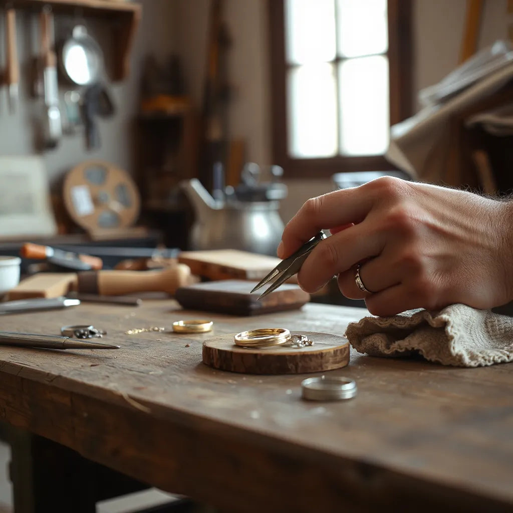 Artisan hands polishing a handcrafted metal jewelry piece in a warm Italian workshop