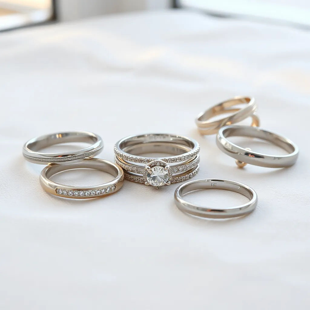 Assorted Italian-style silver rings on a light fabric with soft natural lighting