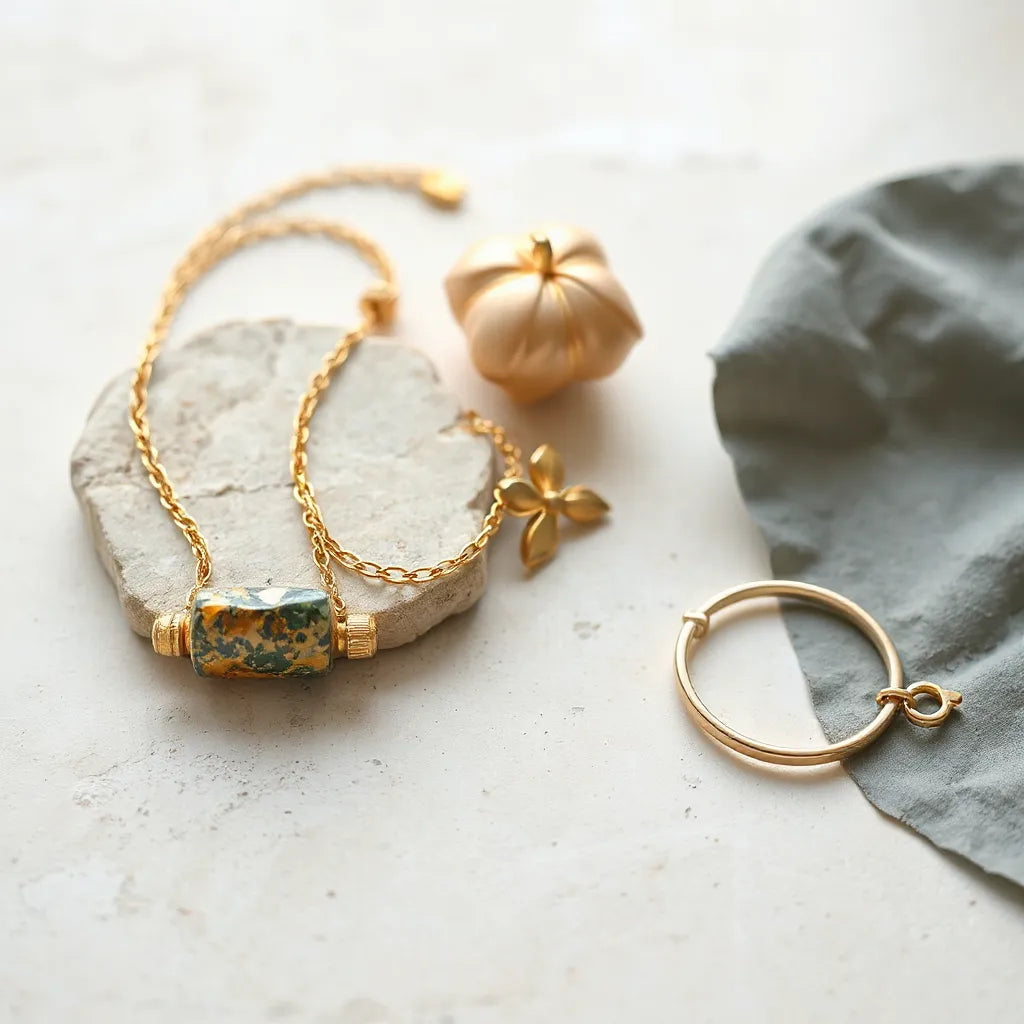 Gold-toned Italian-inspired necklace, earrings, and bracelet arranged on a light stone surface