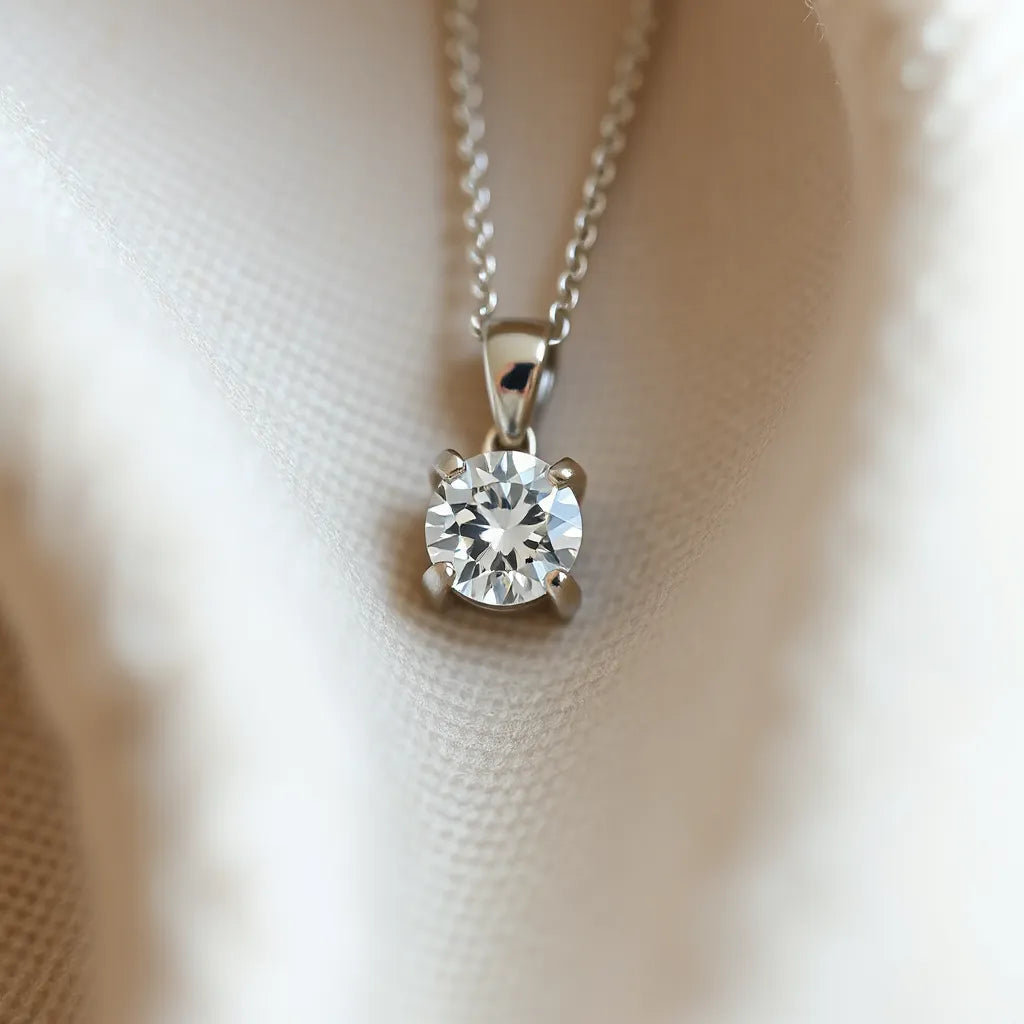 Moissanite pendant with a round brilliant gemstone in a prong setting on neutral fabric background