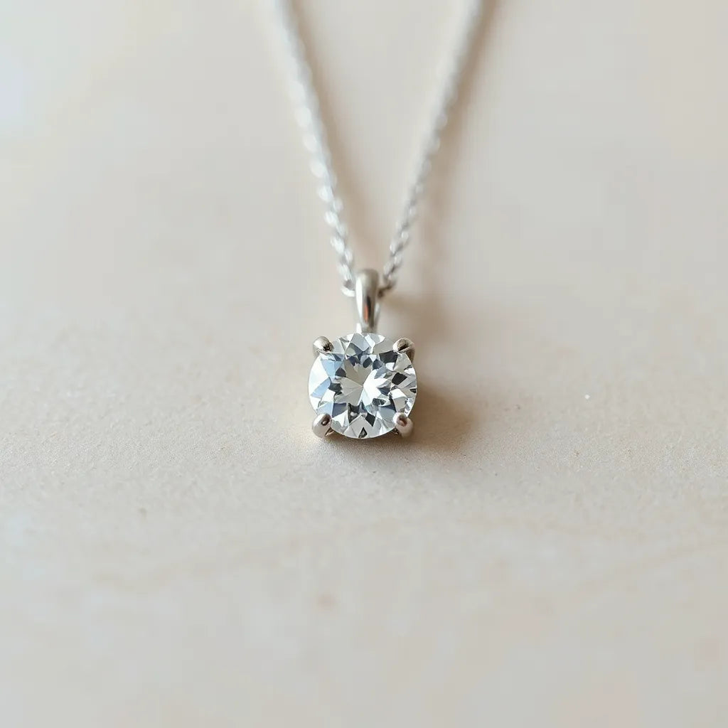Minimal moissanite pendant with a round gemstone on a delicate chain against a neutral background