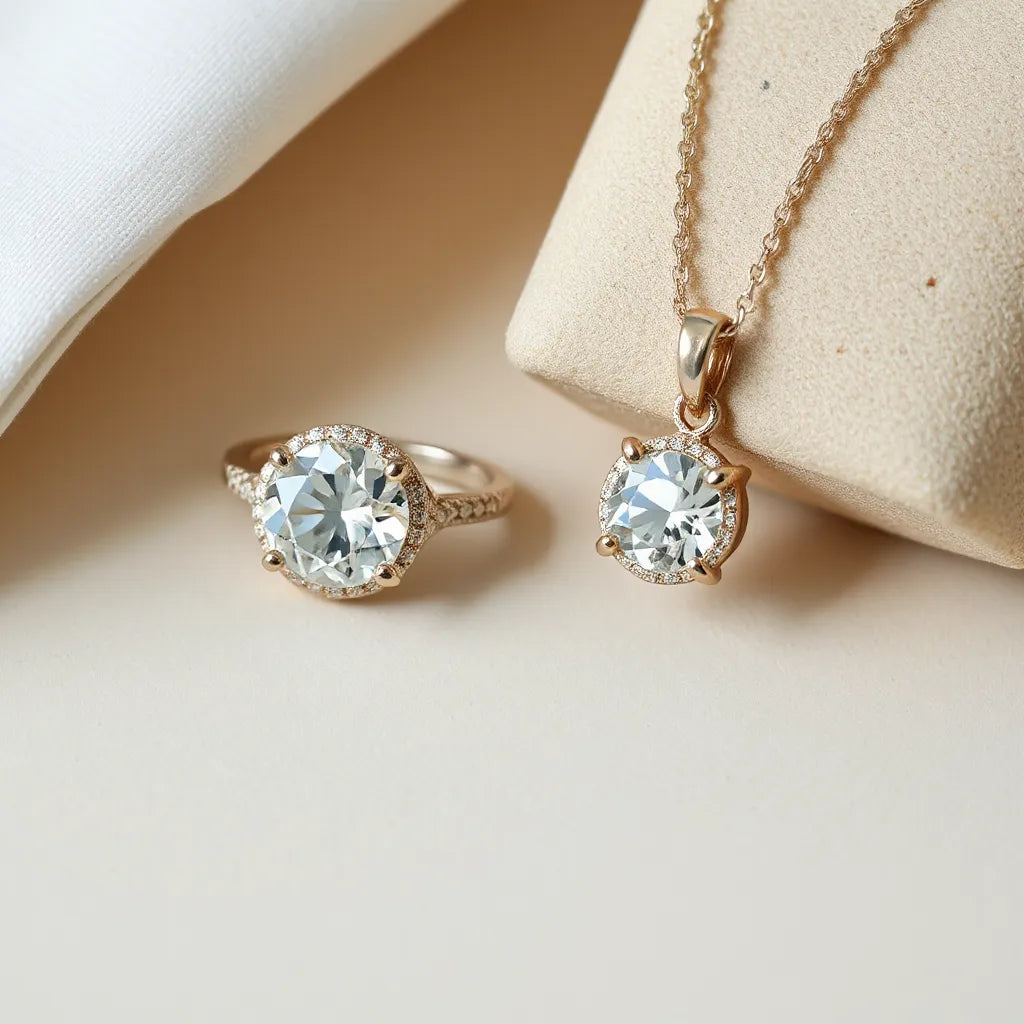 Moissanite ring and pendant with brilliant facets displayed on a neutral background