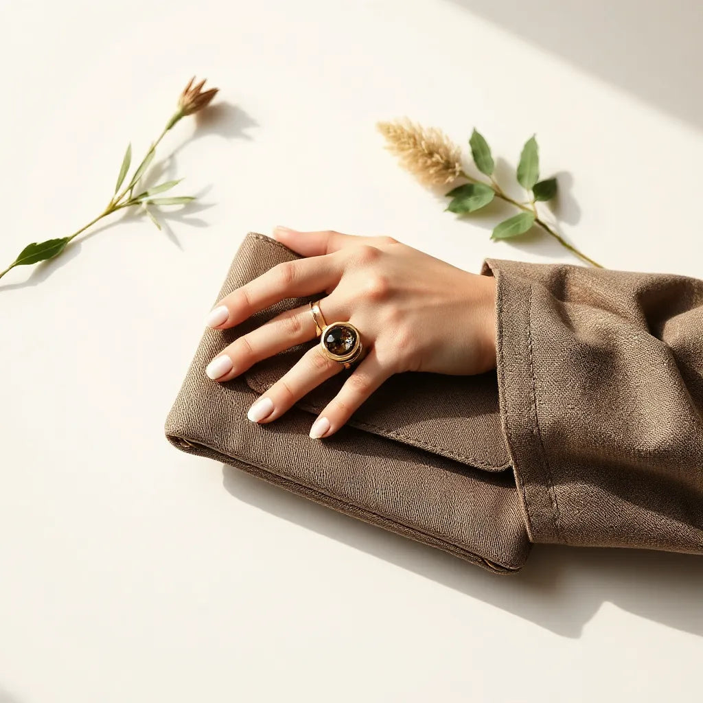 Hand with bold statement ring and complementary bands on a neutral, softly lit background