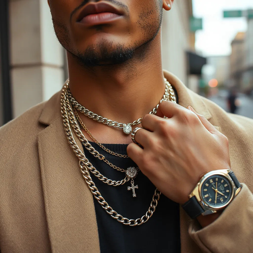 Layered hip hop chains and a pendant styled for a modern everyday look