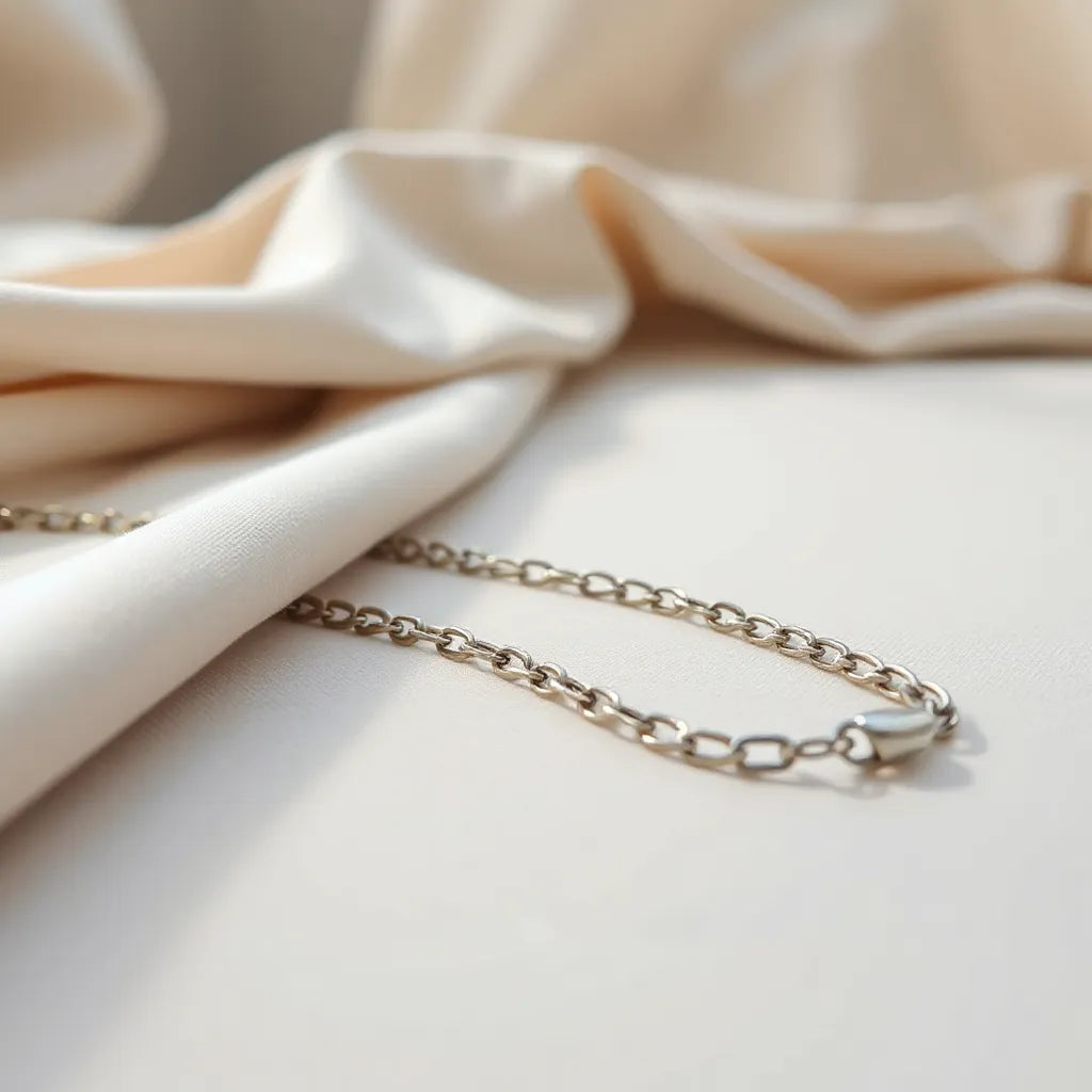 Gold figaro chain necklace with closely linked segments on light fabric under soft natural light