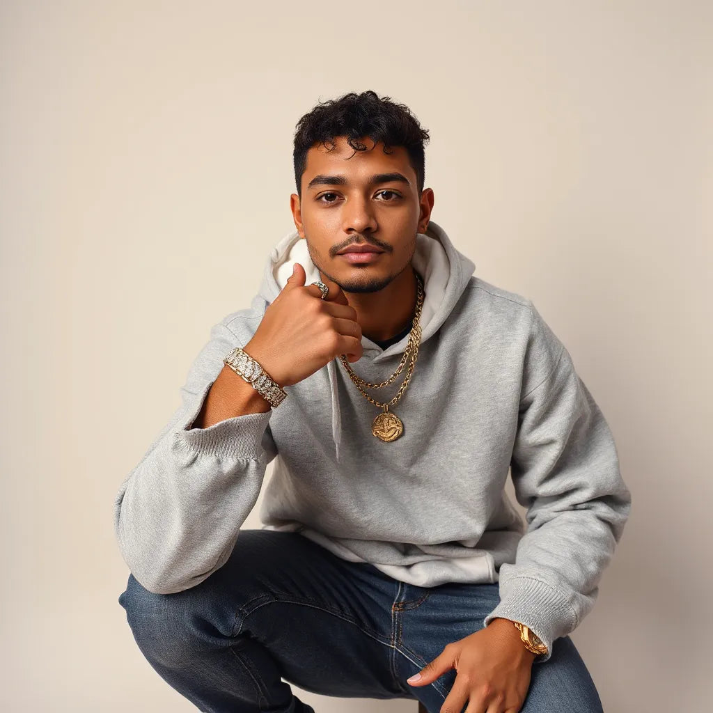 Man wearing layered hip hop jewelry including a chunky chain, bracelet, and ring in soft studio light