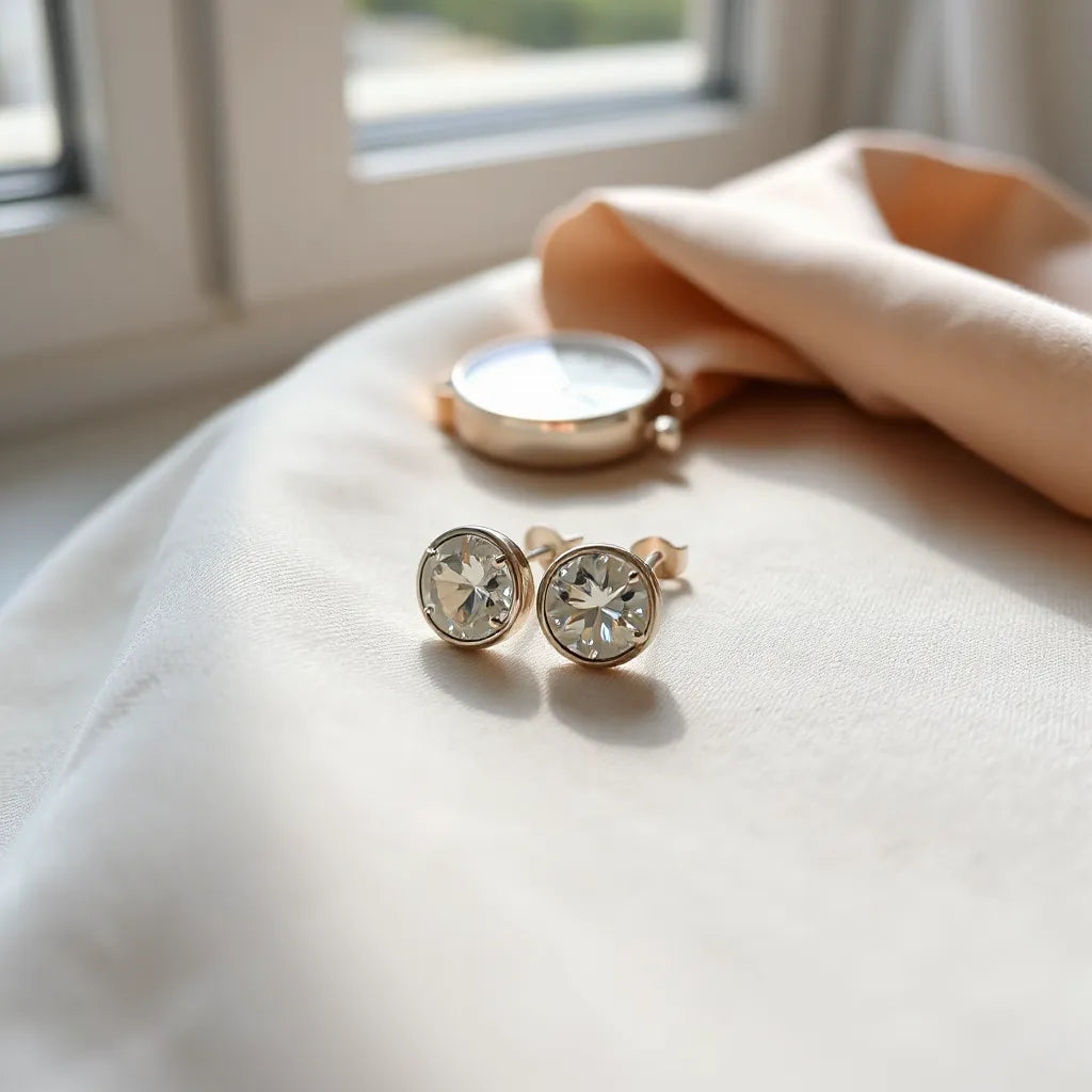Pair of elegant silver earrings with subtle shine on a neutral fabric background in soft natural light