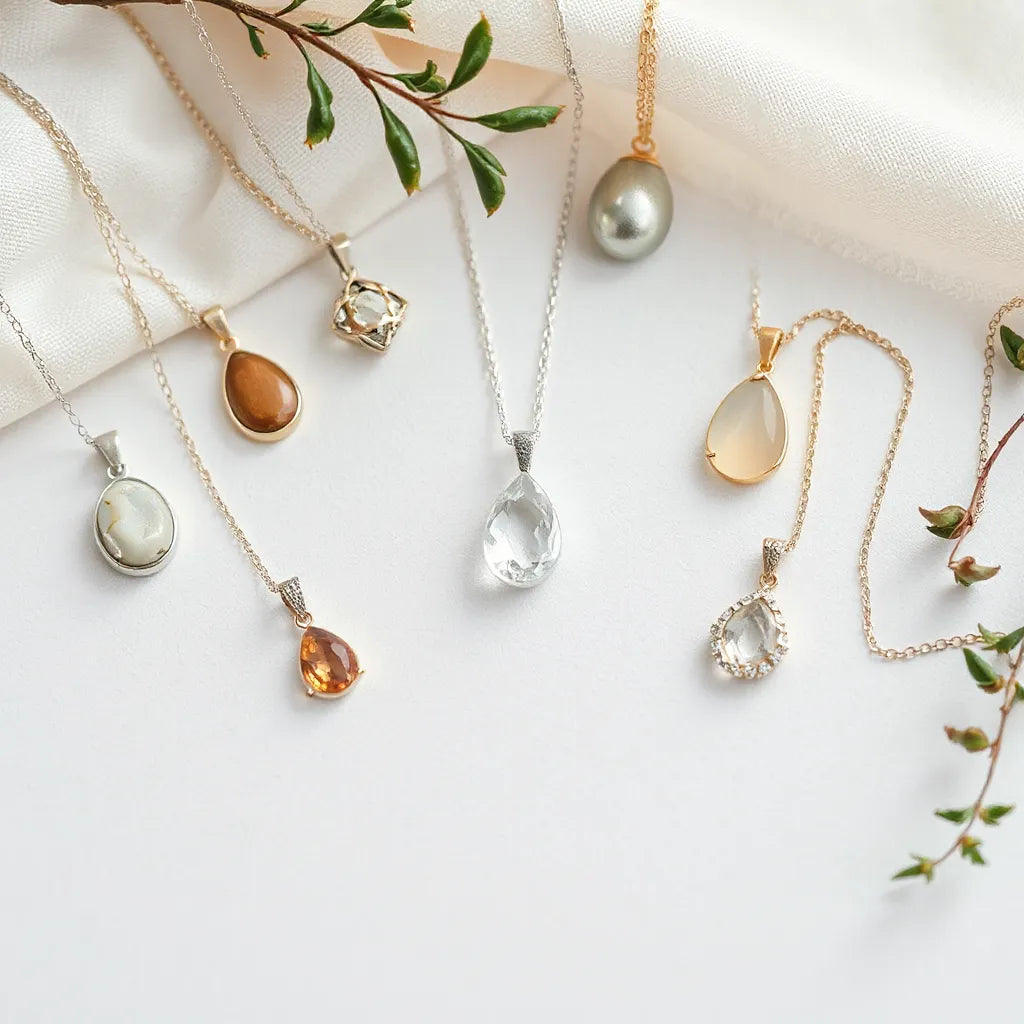 Assorted silver and gold pendant designs with gemstones arranged neatly on fabric