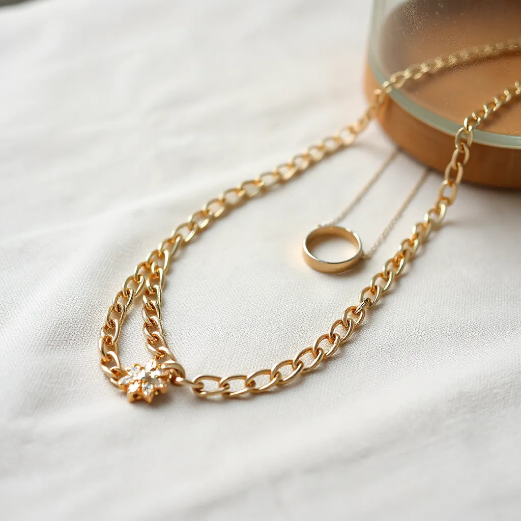 Shiny chain necklace with delicate links arranged on neutral fabric with minimal jewelry accents