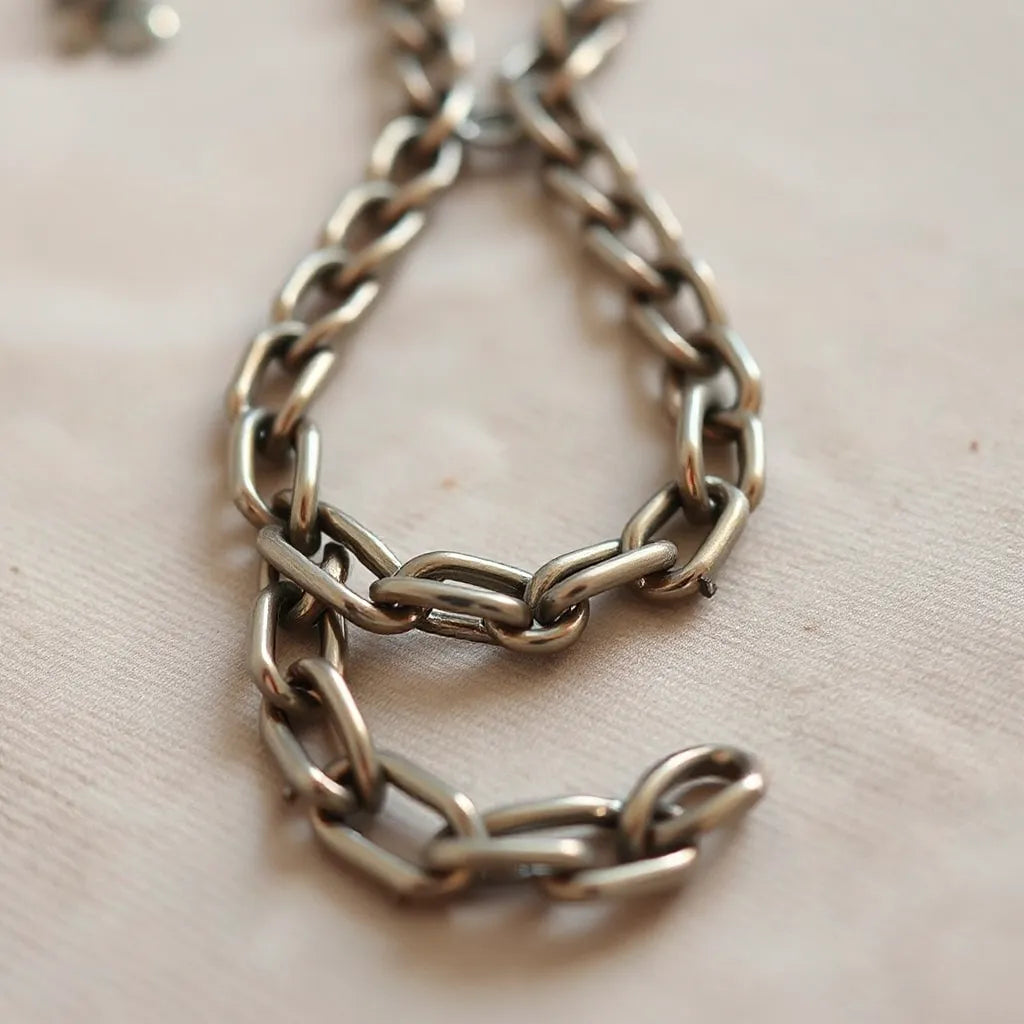 Close-up of a tightly woven chain with interlocked links and subtle reflective highlights on neutral fabric