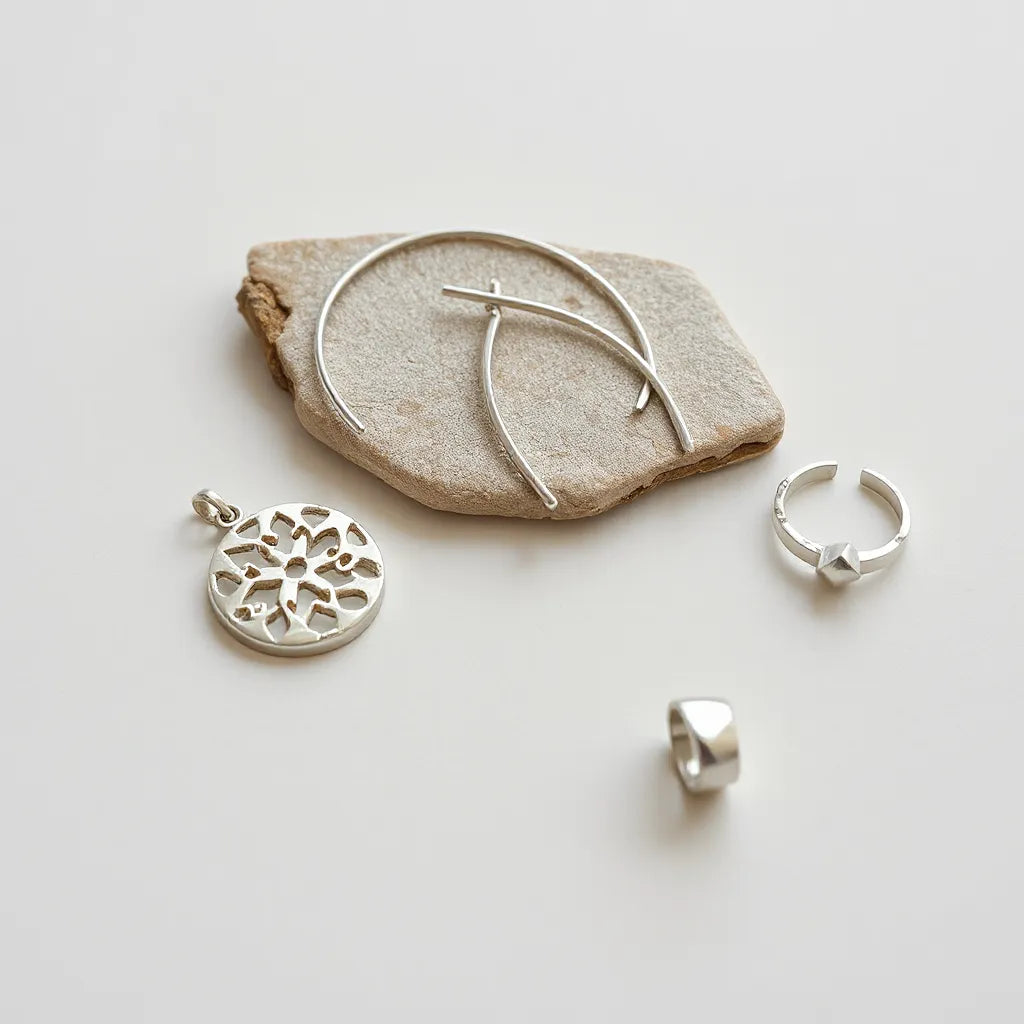 Assorted polished silver pendant, earrings, bracelet, and geometric ring on a neutral background