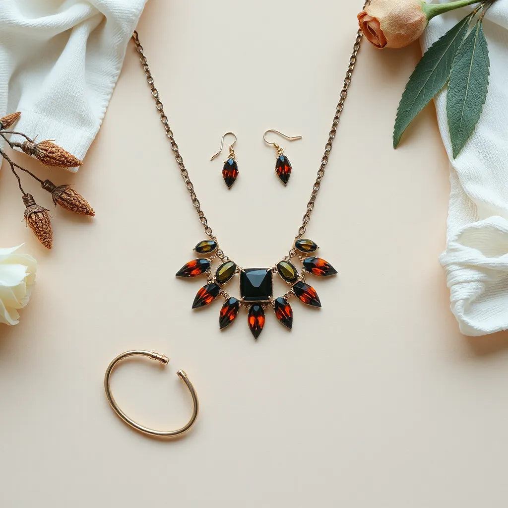 Bold necklace with geometric pendant, styled with matching earrings and a bracelet on a neutral backdrop