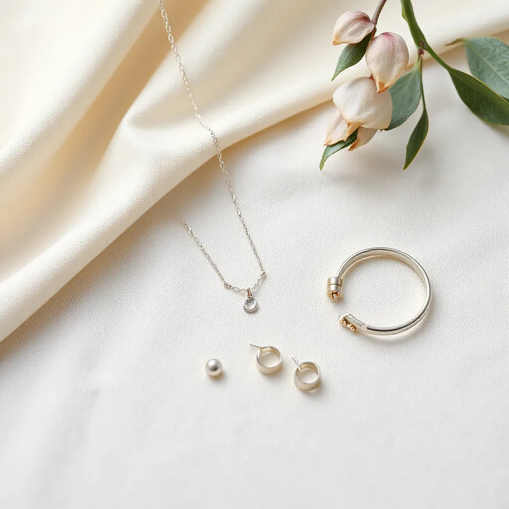 Minimal 925 sterling silver necklace, hoop earrings, and bracelet arranged on neutral fabric
