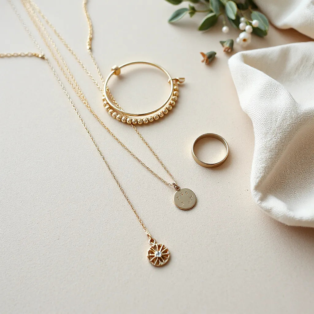 Layered delicate necklaces and thin stackable bracelets on a neutral background
