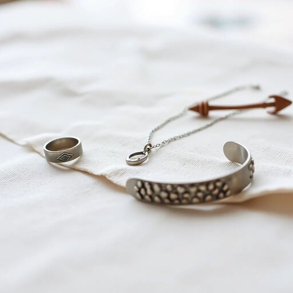 Handcrafted ring, pendant necklace, and cuff bracelet displayed on neutral linen with soft natural light.