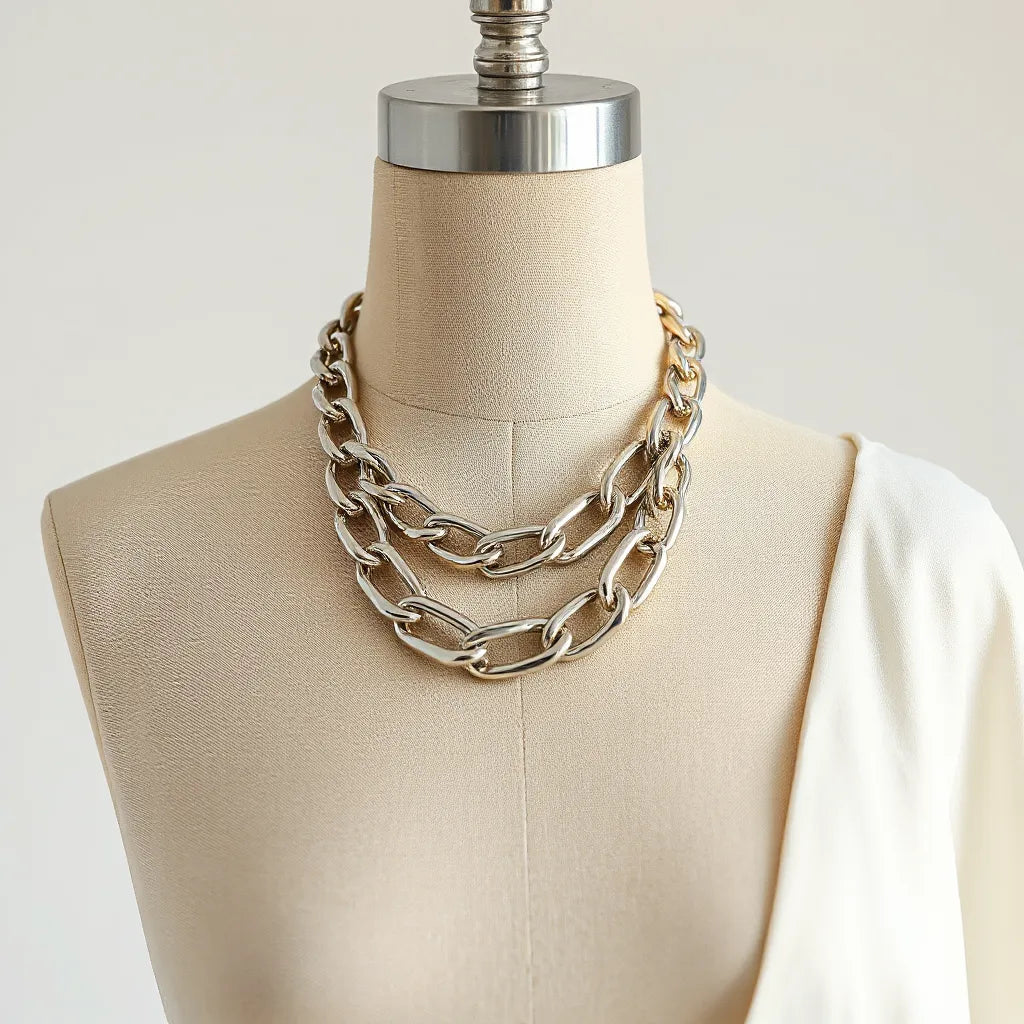 Bold silver neck accessory resting on a mannequin with a crisp white neckline.