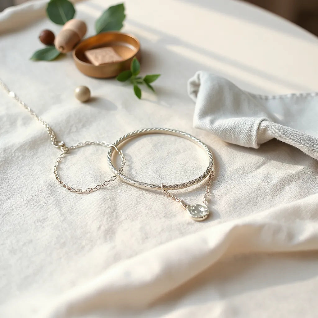 Delicate handmade Italian silver necklace and bracelet on linen with a polishing cloth nearby