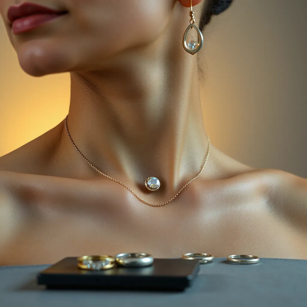 Polished pendant necklace and earrings catching soft light on a neutral backdrop