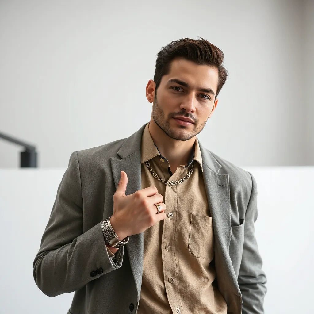 Man wearing chunky chain necklace, cuff bracelet, and patterned ring against a clean neutral background