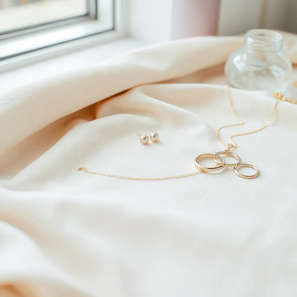 Minimal modern jewelry set with a chain necklace, stacked rings, and small earrings on soft fabric