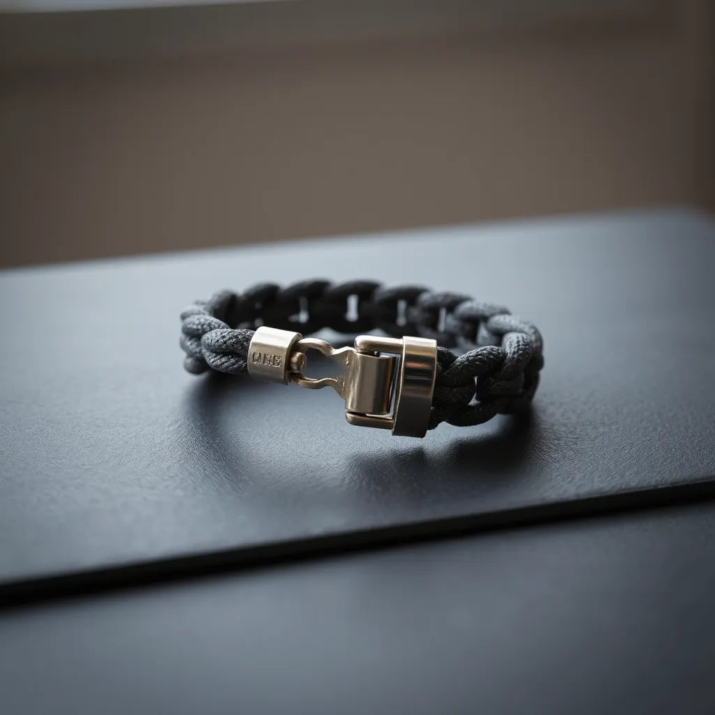 Heavy duty metal bracelet with textured links and clasp on a dark matte surface
