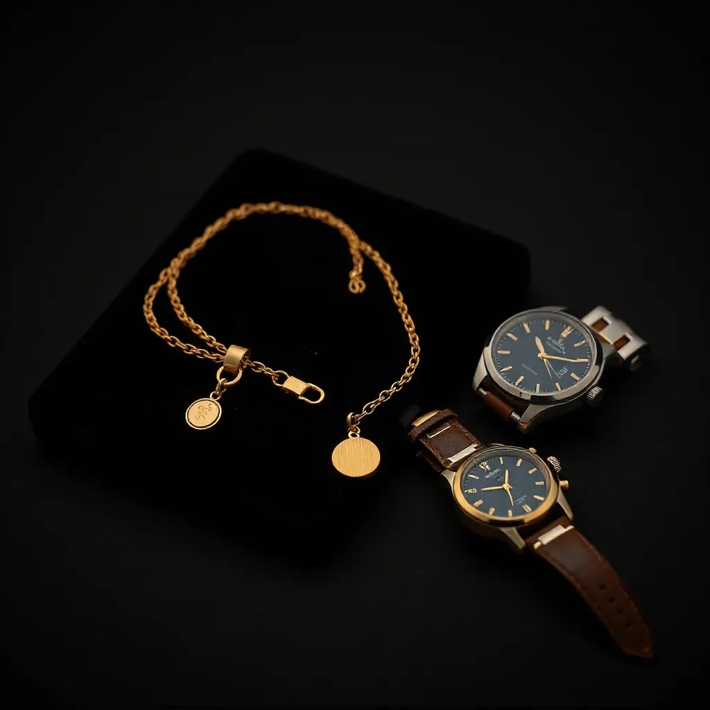 Gold-toned chain necklace, bracelet, signet ring, and watch on dark velvet with soft studio lighting