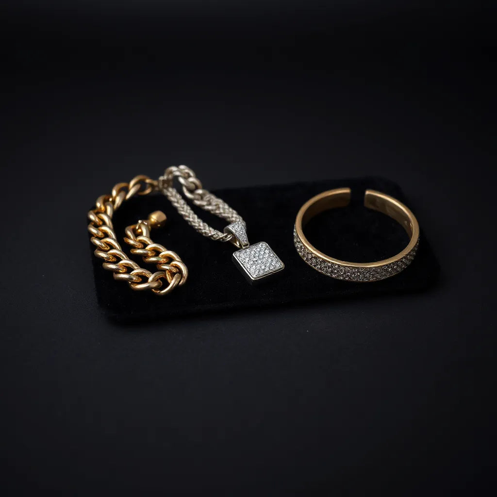 Chunky chain, pendant, and bracelet set displayed on dark velvet under soft studio lighting