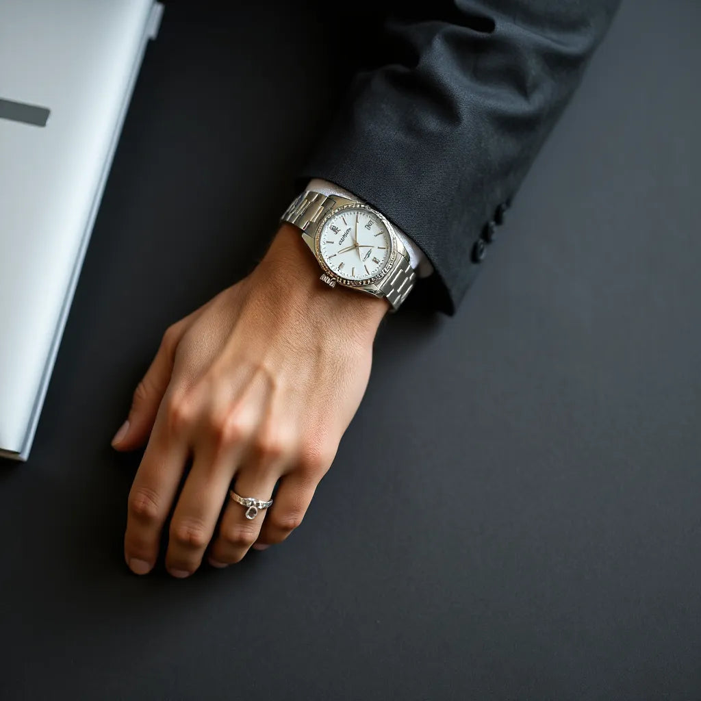 Silver chain necklace on a man’s wrist with subtle shine against a dark neutral background.
