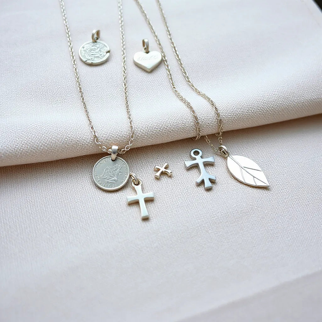 Assorted polished Italian silver pendants displayed on neutral fabric with a glimpse of chain