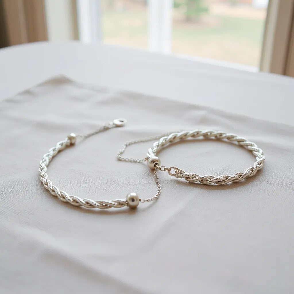 Polished Italian rope chain necklace and bracelet resting on light fabric with soft natural light