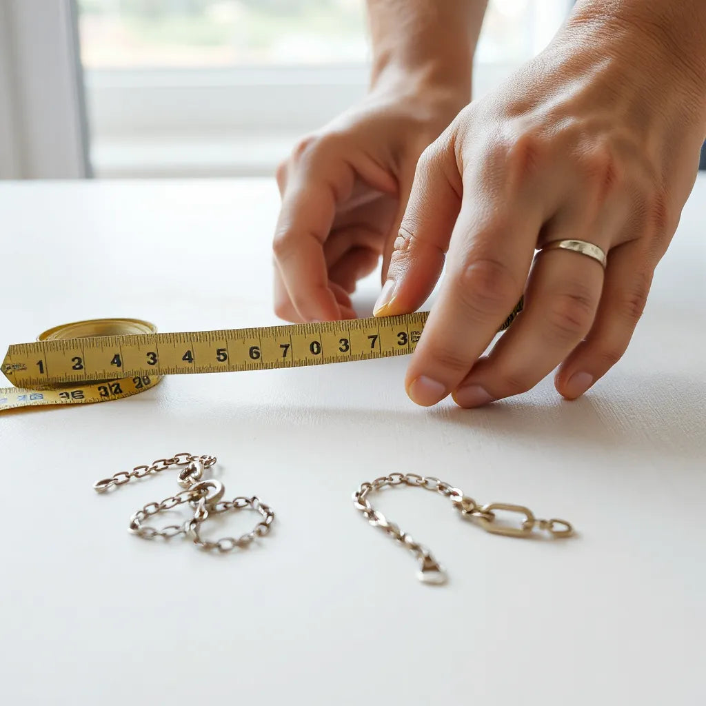 Hands measuring a chain with a measuring tape beside neatly arranged chain length samples