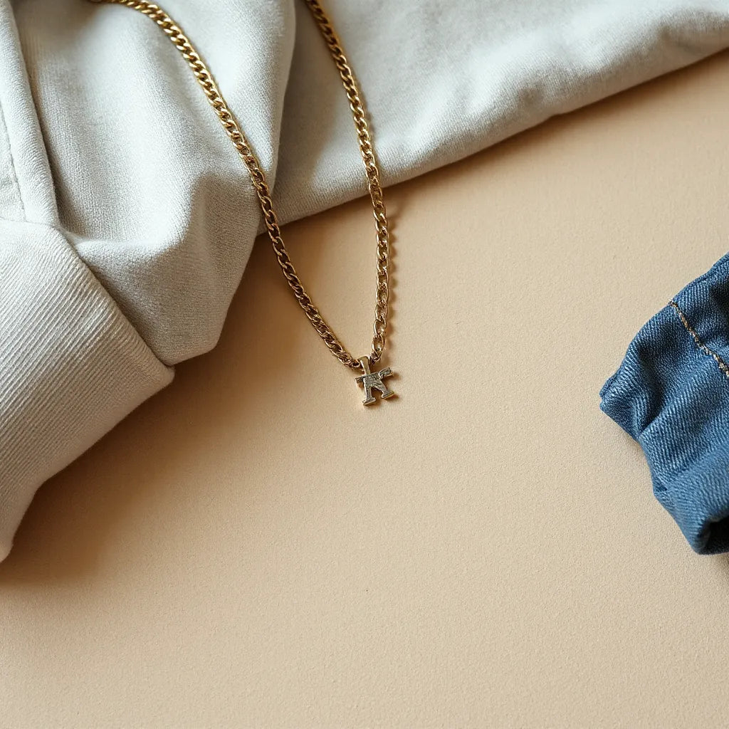 Layered chains and a pendant styled with casual streetwear on a neutral background