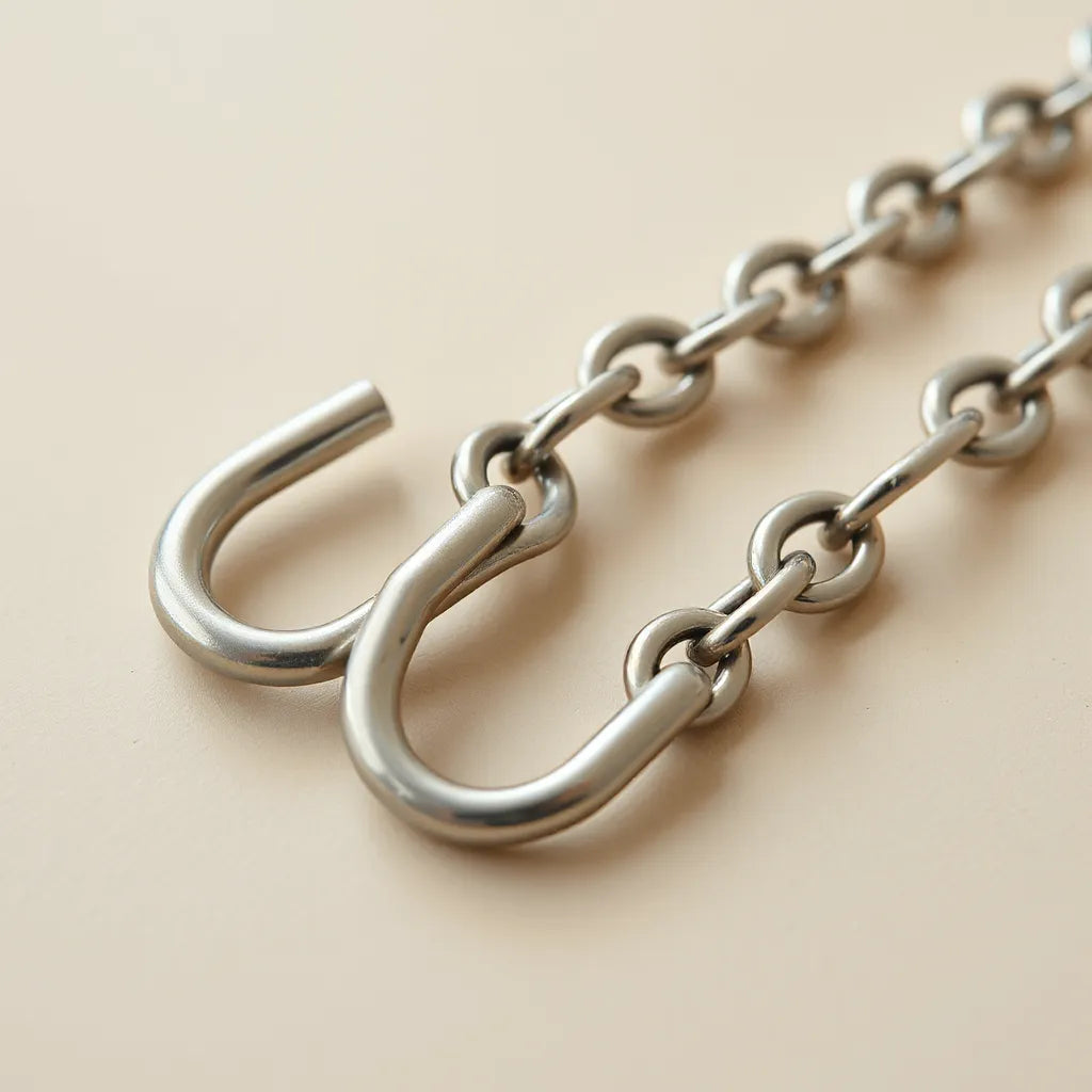 Close-up of interlocking classic Figaro chain links with alternating elongated and round segments