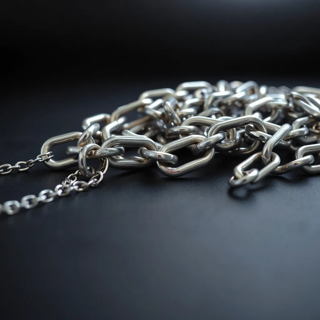 Heavy silver chains with thick links shown in soft studio light on a dark matte surface