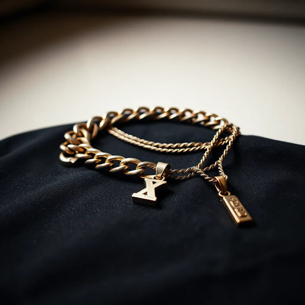 Chunky layered chains and a small pendant with subtle metal shine on dark fabric