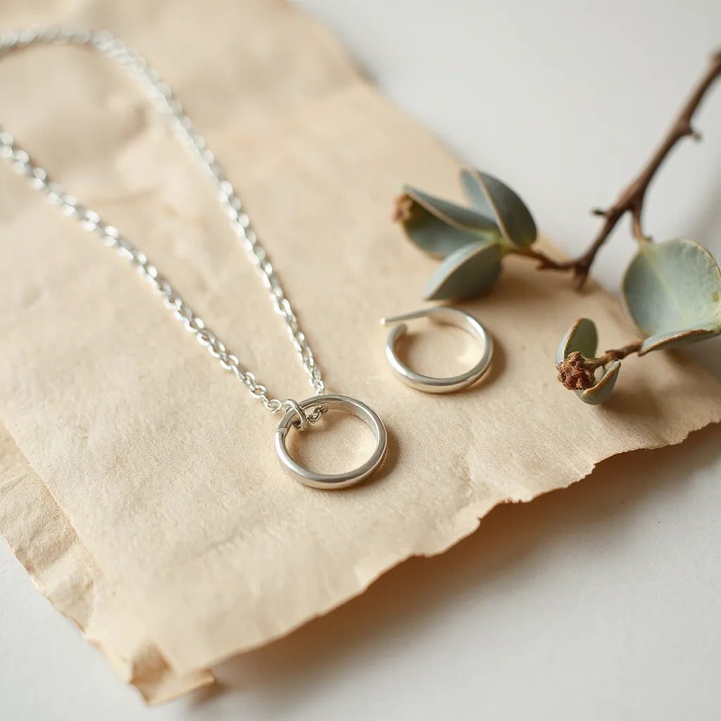 Silver chain necklace and small hoop earrings on light recycled paper with a eucalyptus sprig