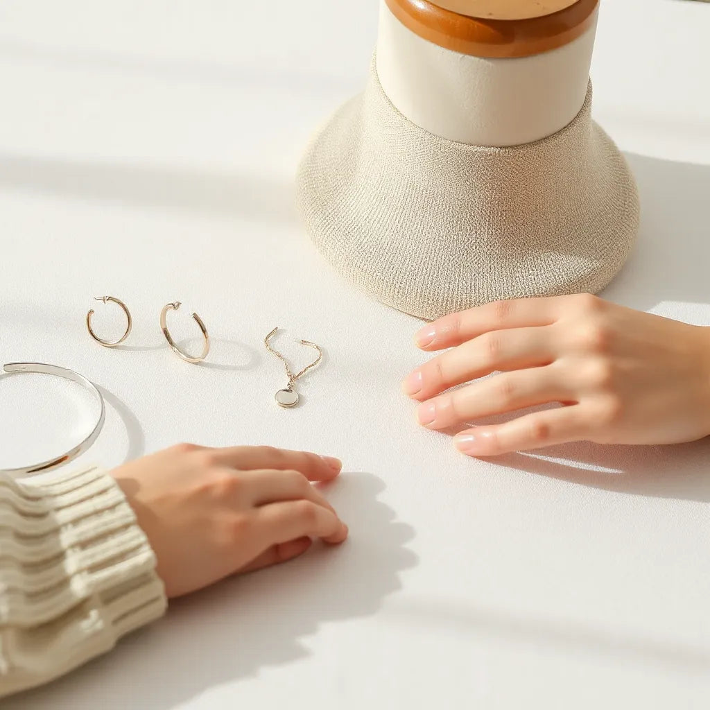 Silver necklace, bracelet, and earrings arranged on a neutral background with soft natural light