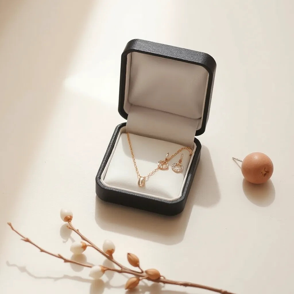 Delicate necklace and earrings arranged in an open jewelry box under soft natural light