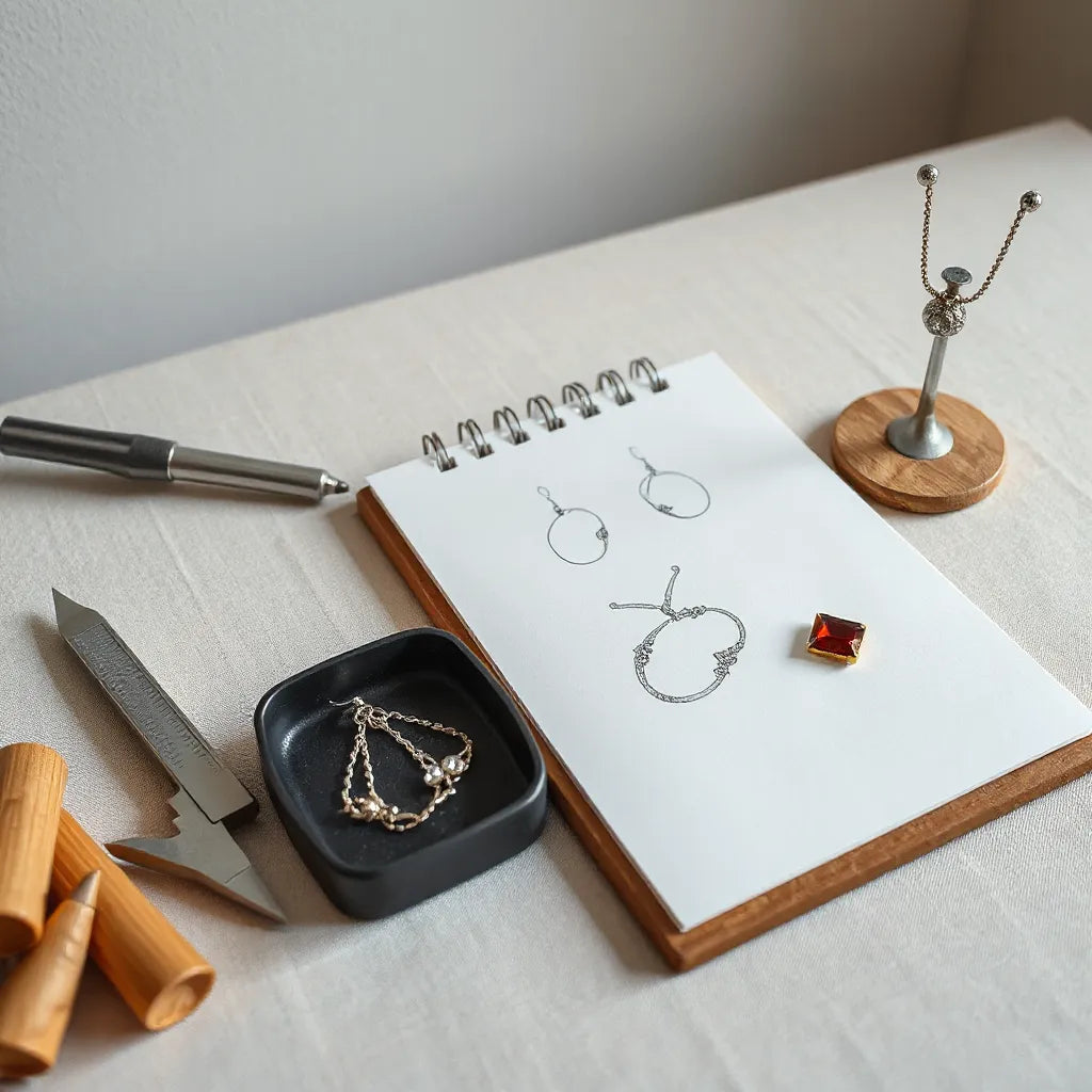 Jewelry design sketch and materials on a jeweler’s workbench with a half-finished pendant