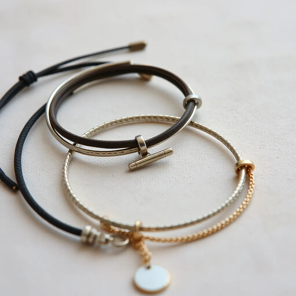 Assorted bracelets with varying lengths and clasps displayed on light neutral fabric