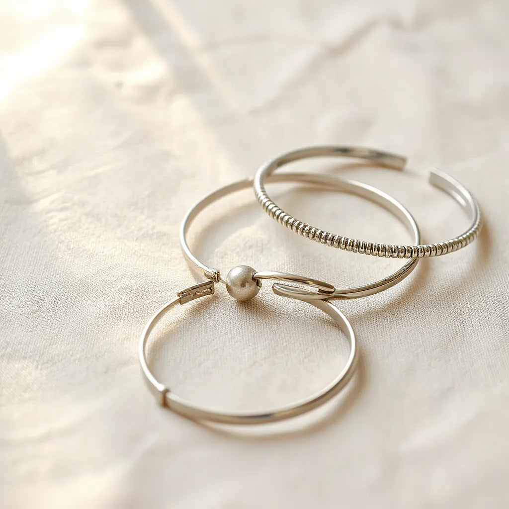 Silver bracelets with polished finishes displayed on neutral fabric under soft natural light