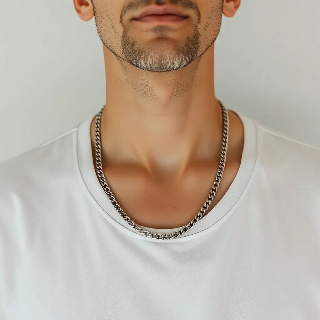 Man wearing a sleek Franco chain necklace over a plain crew-neck shirt in a clean studio setting
