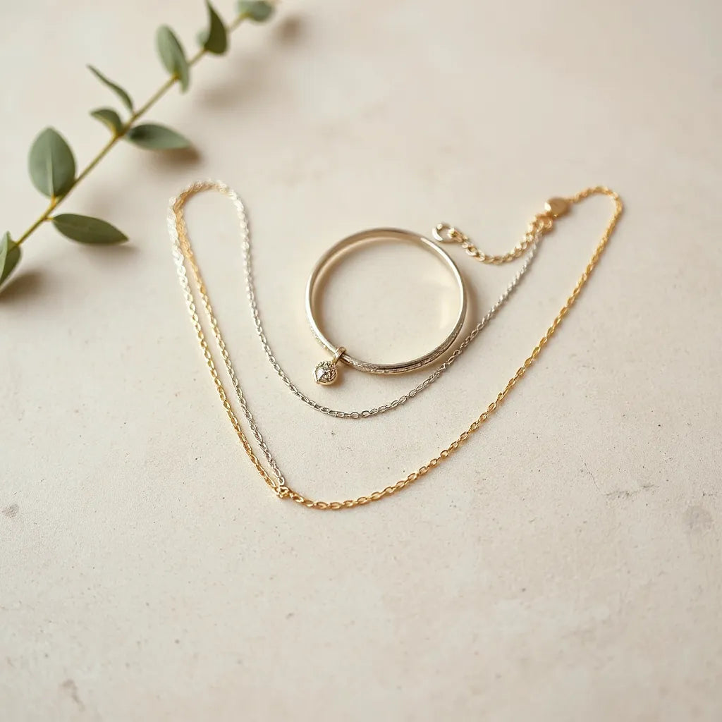 Layered delicate chains in different lengths on a neutral stone background