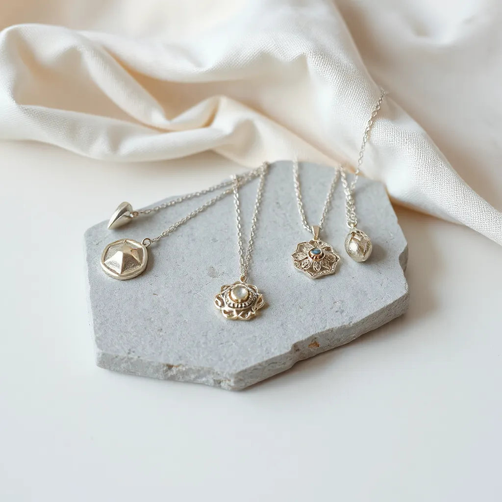 Several unique silver pendants with distinct designs arranged neatly on a light tabletop with chains visible.
