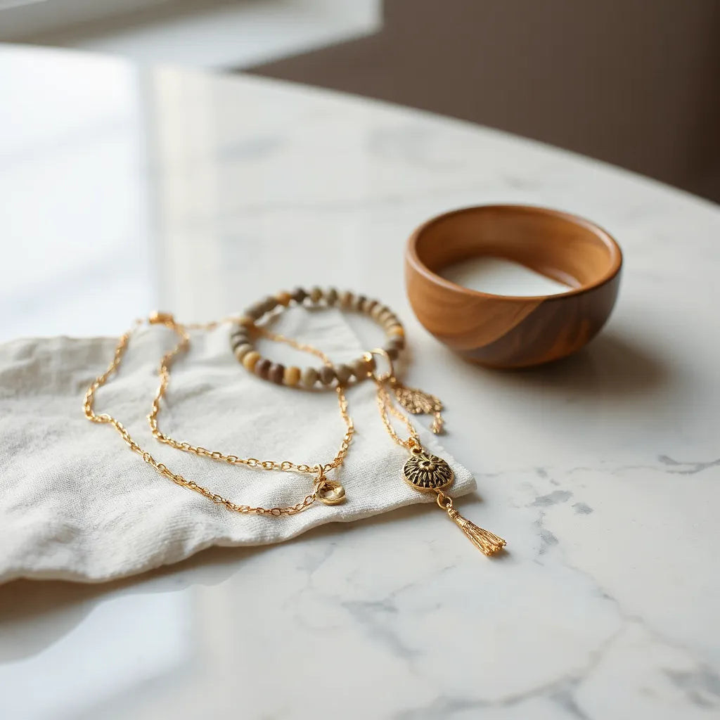 Assorted handmade jewelry pieces on marble with a microfiber cloth for gentle cleaning and shine