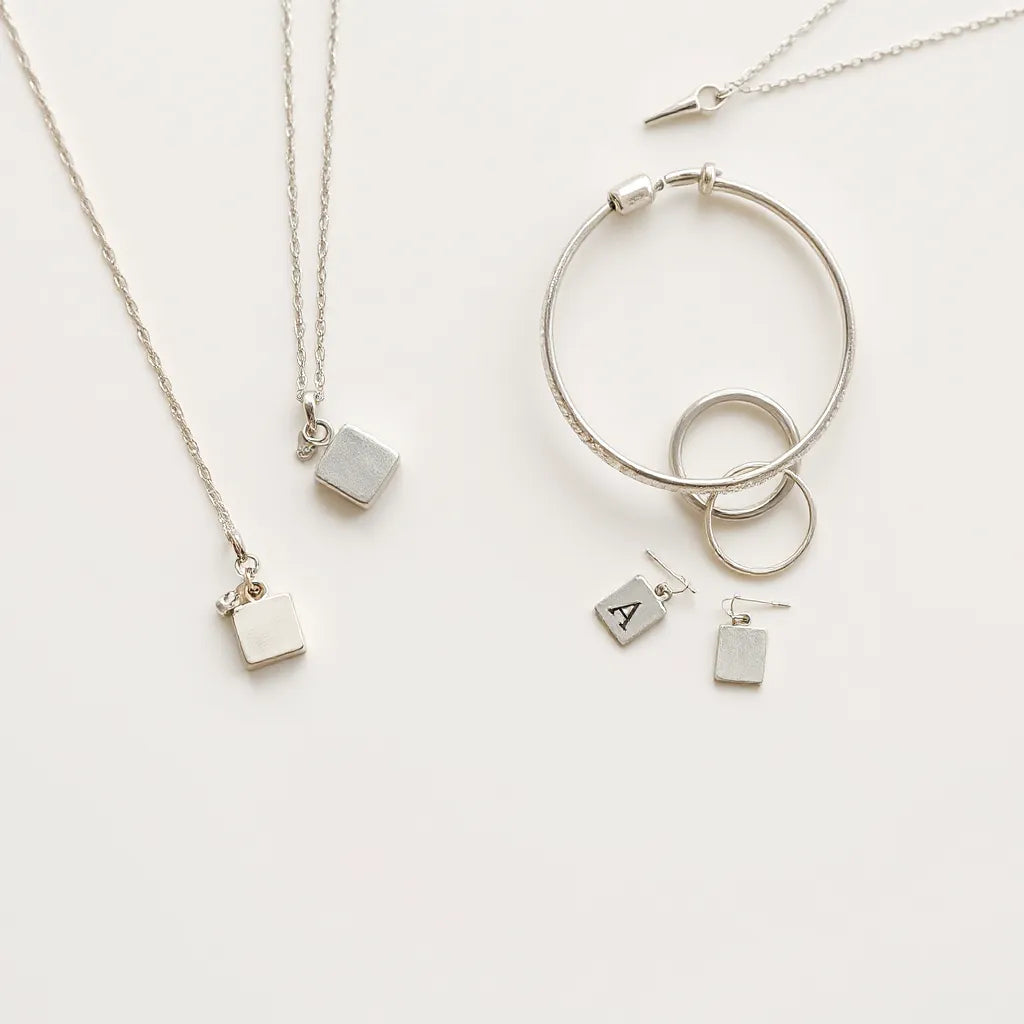 Silver pendant, bracelet, ring, and charms arranged neatly on a light background