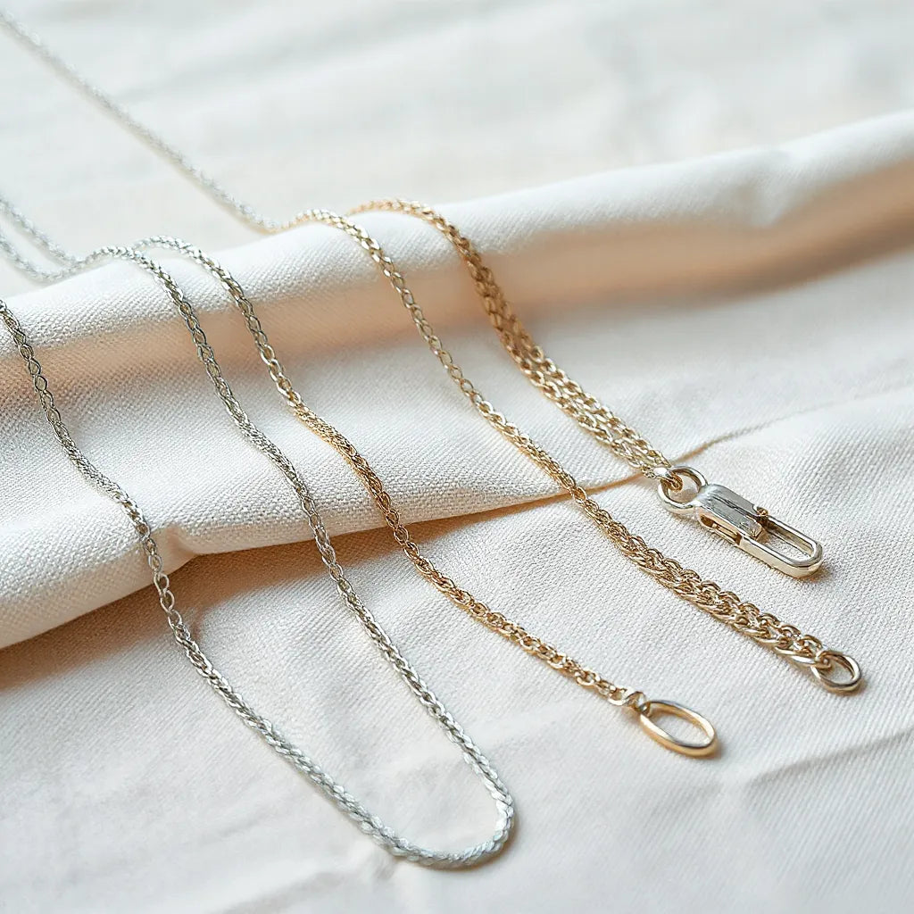 Real silver chain necklaces with polished links and visible clasps laid on neutral fabric