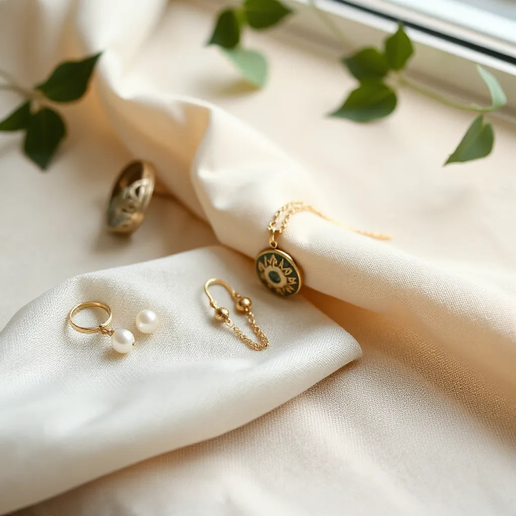 Italian-designed earrings and a delicate pendant necklace on neutral fabric with warm natural lighting