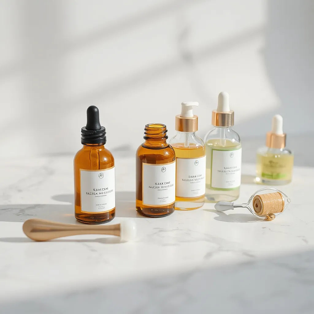 Luxury glass serum bottles with droppers on white marble under soft light
