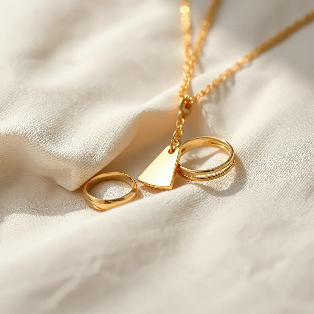 Gold vermeil necklace and ring with warm highlights on neutral fabric under soft natural light